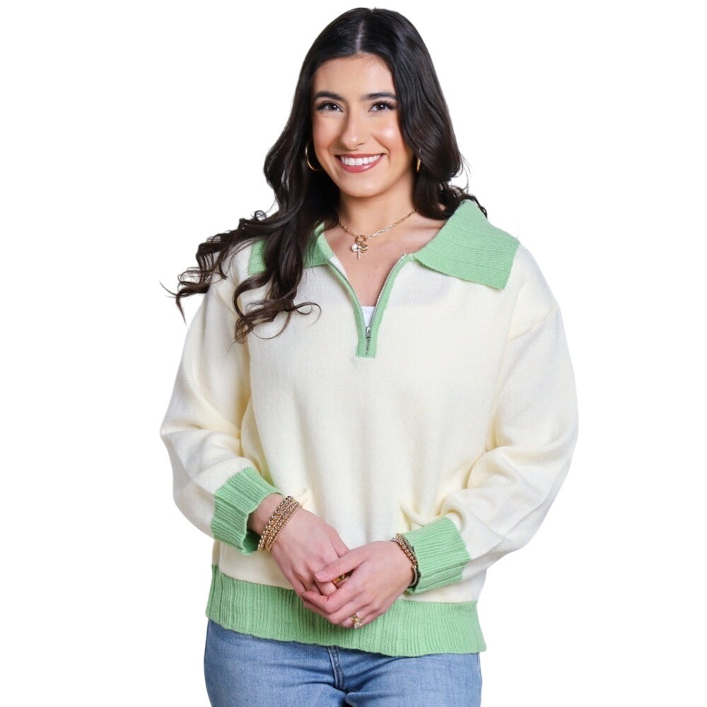 Papermoon Cream and Green V-Neck‎ Sweater with Sporty Zipper
